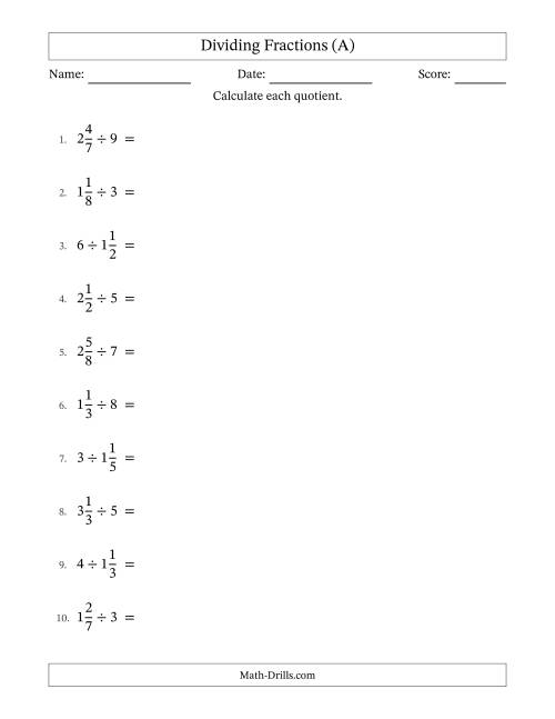 The Dividing Mixed Fractions and Whole Numbers with All Simplifying (A) Math Worksheet