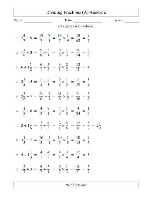 The Dividing Mixed Fractions and Whole Numbers with All Simplifying (A) Math Worksheet Page 2