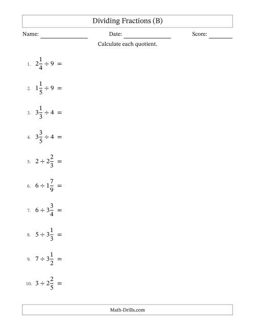 The Dividing Mixed Fractions and Whole Numbers with All Simplification (B) Math Worksheet