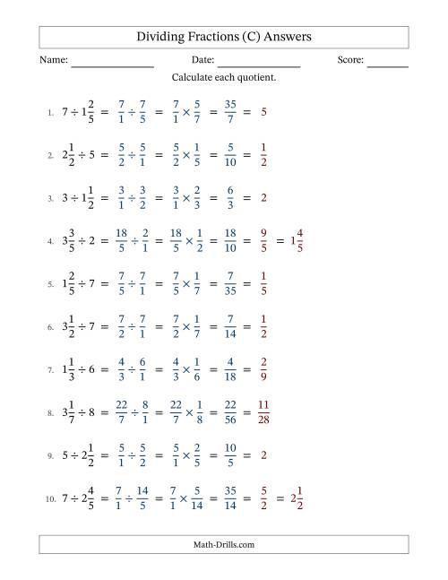 The Dividing Mixed Fractions and Whole Numbers with All Simplification (C) Math Worksheet Page 2