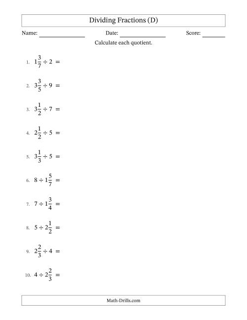 The Dividing Mixed Fractions and Whole Numbers with All Simplification (D) Math Worksheet