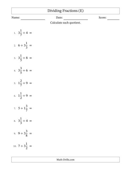 The Dividing Mixed Fractions and Whole Numbers with All Simplification (E) Math Worksheet