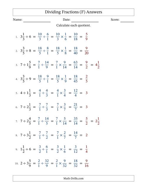 The Dividing Mixed Fractions and Whole Numbers with All Simplification (F) Math Worksheet Page 2