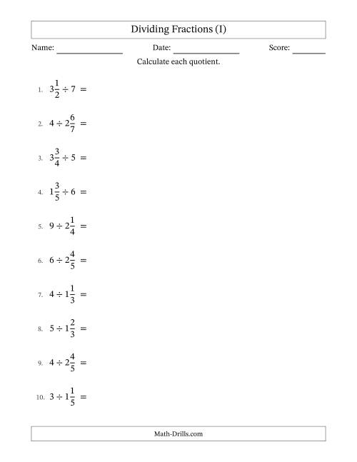 The Dividing Mixed Fractions and Whole Numbers with All Simplification (I) Math Worksheet