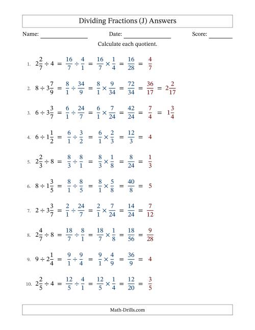 The Dividing Mixed Fractions and Whole Numbers with All Simplification (J) Math Worksheet Page 2