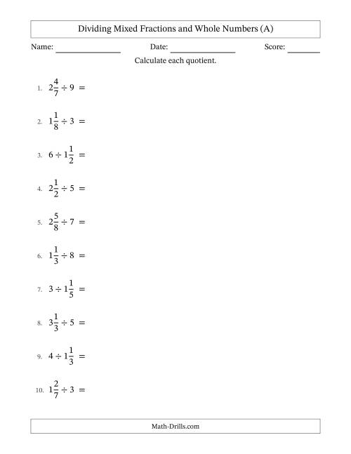 The Dividing Mixed Fractions and Whole Numbers with All Simplifying (All) Math Worksheet