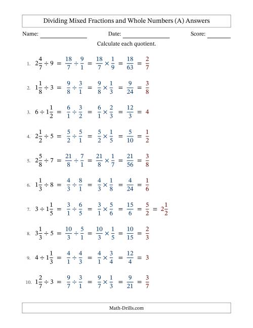 The Dividing Mixed Fractions and Whole Numbers with All Simplifying (All) Math Worksheet Page 2
