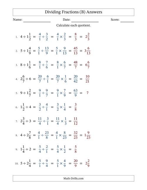 The Dividing Mixed Fractions and Whole Numbers with Some Simplification (B) Math Worksheet Page 2