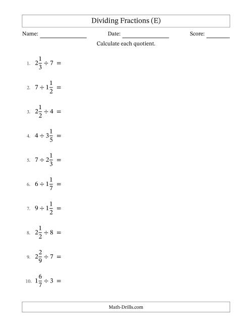 The Dividing Mixed Fractions and Whole Numbers with Some Simplification (E) Math Worksheet