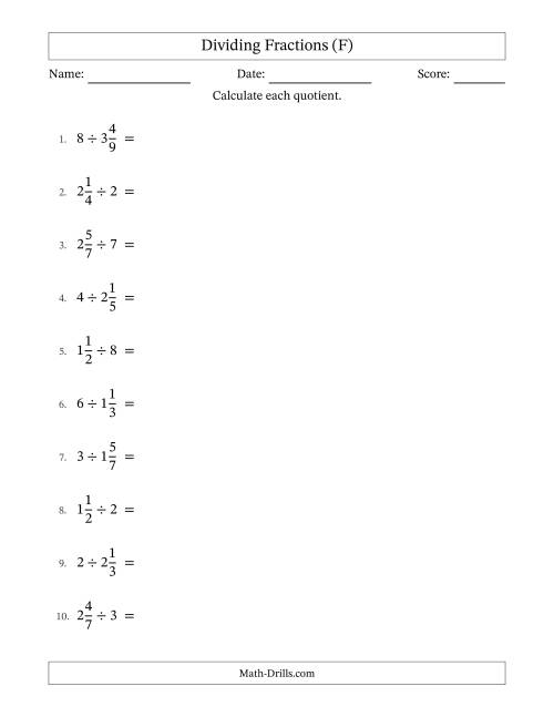 The Dividing Mixed Fractions and Whole Numbers with Some Simplification (F) Math Worksheet