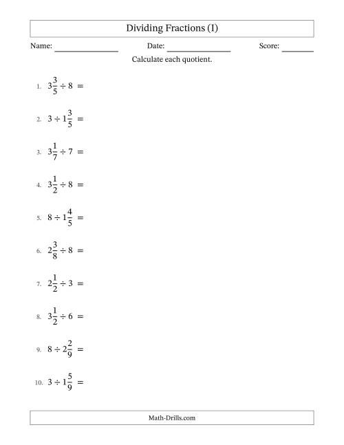 The Dividing Mixed Fractions and Whole Numbers with Some Simplification (I) Math Worksheet