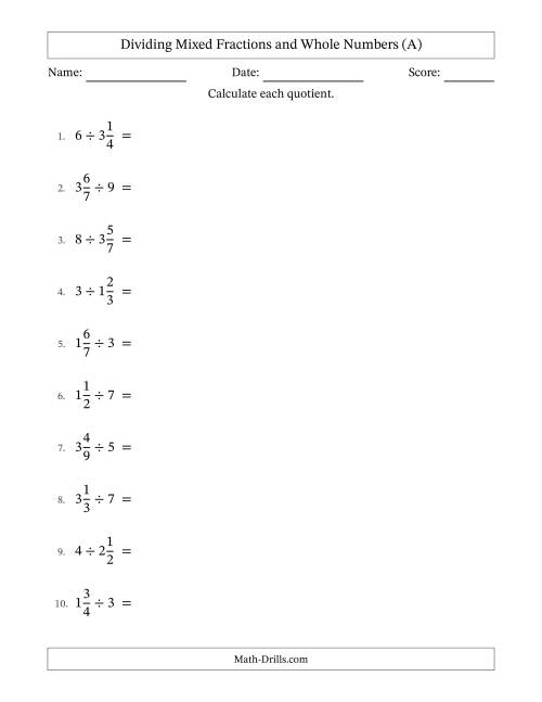 The Dividing Mixed Fractions and Whole Numbers with Some Simplifying (All) Math Worksheet
