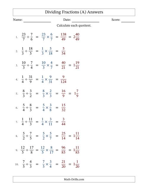 The Dividing Proper, Improper and Mixed Fractions with No Simplifying (A) Math Worksheet Page 2