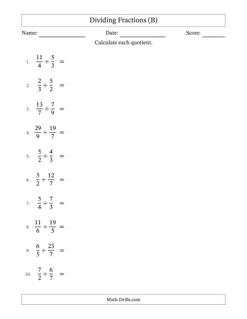 The Dividing Proper, Improper and Mixed Fractions with No Simplification (B) Math Worksheet