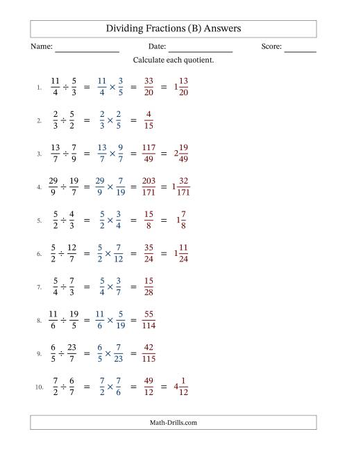 The Dividing Proper, Improper and Mixed Fractions with No Simplification (B) Math Worksheet Page 2