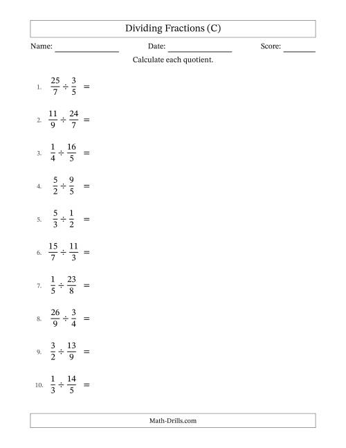 The Dividing Proper, Improper and Mixed Fractions with No Simplification (C) Math Worksheet