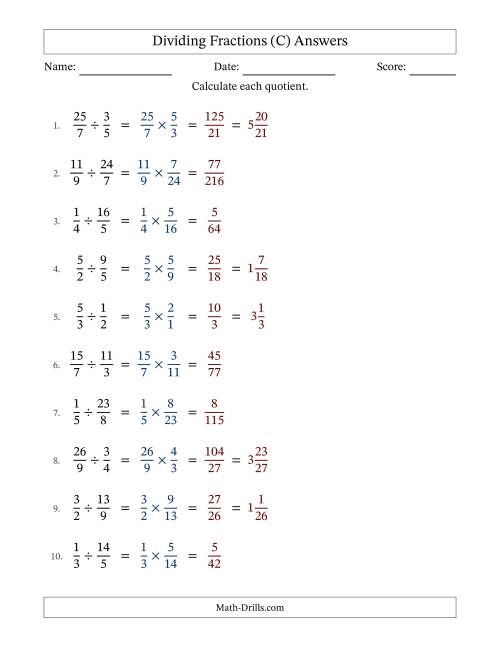 The Dividing Proper, Improper and Mixed Fractions with No Simplification (C) Math Worksheet Page 2