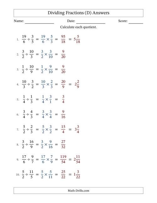 The Dividing Proper, Improper and Mixed Fractions with No Simplification (D) Math Worksheet Page 2