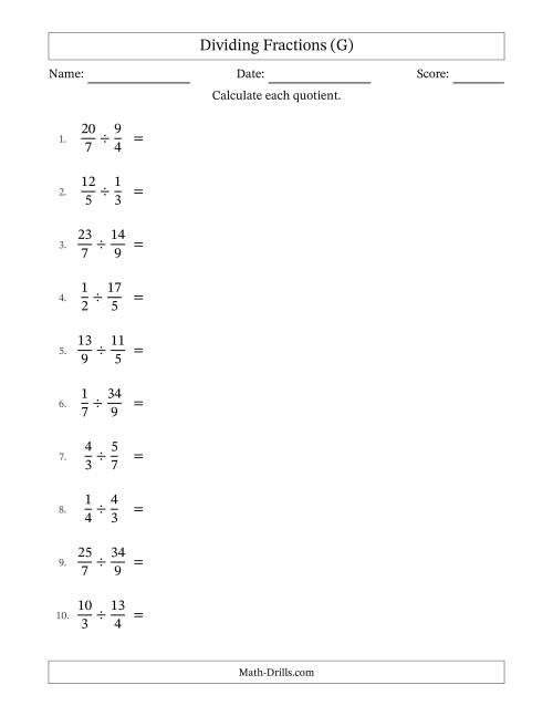 The Dividing Proper, Improper and Mixed Fractions with No Simplification (G) Math Worksheet