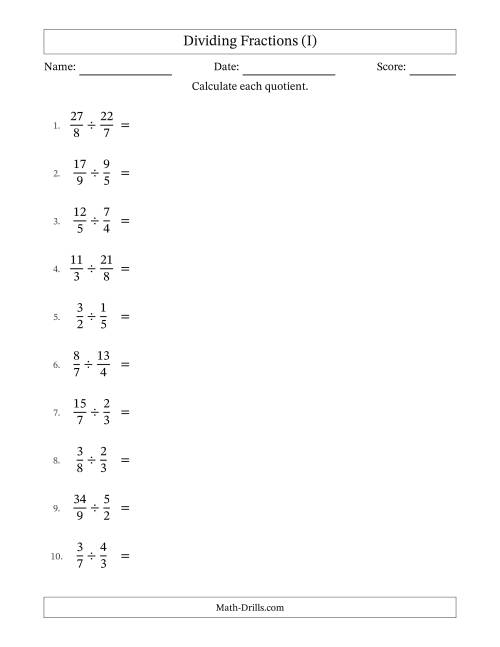 The Dividing Proper, Improper and Mixed Fractions with No Simplification (I) Math Worksheet