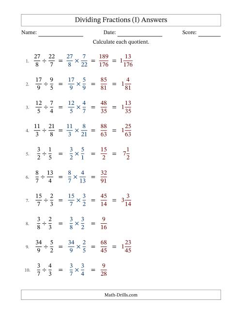 The Dividing Proper, Improper and Mixed Fractions with No Simplification (I) Math Worksheet Page 2