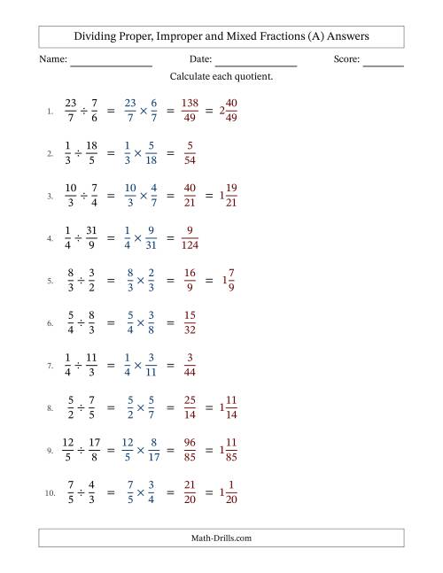 The Dividing Proper, Improper and Mixed Fractions with No Simplifying (All) Math Worksheet Page 2