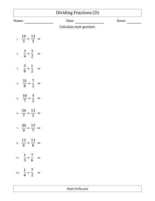 The Dividing Proper, Improper and Mixed Fractions with All Simplification (D) Math Worksheet