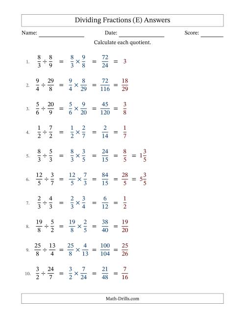 The Dividing Proper, Improper and Mixed Fractions with All Simplification (E) Math Worksheet Page 2