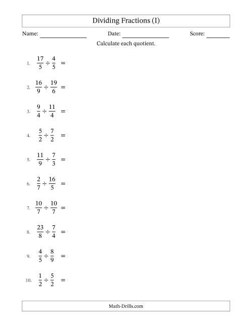 The Dividing Proper, Improper and Mixed Fractions with All Simplification (I) Math Worksheet