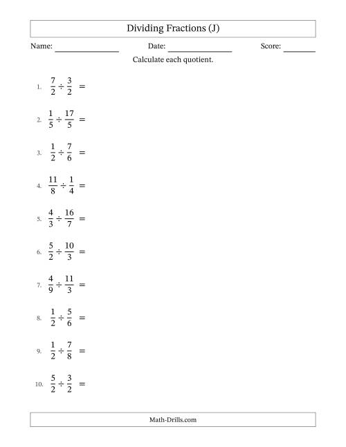 The Dividing Proper, Improper and Mixed Fractions with All Simplification (J) Math Worksheet