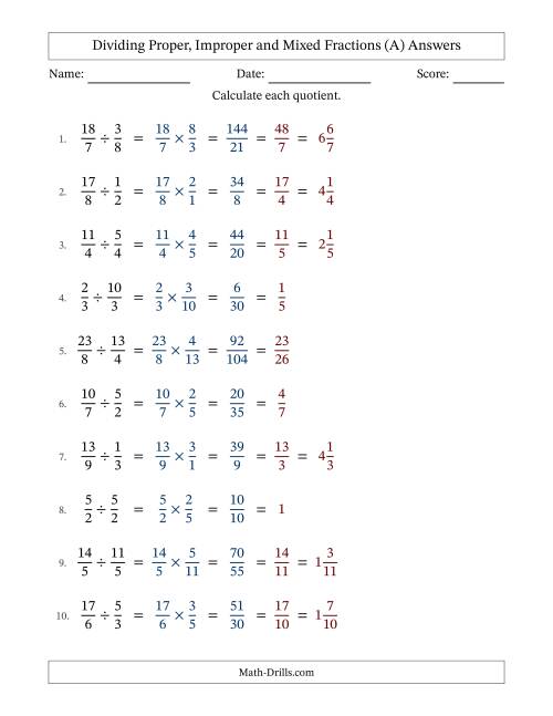 The Dividing Proper, Improper and Mixed Fractions with All Simplifying (All) Math Worksheet Page 2
