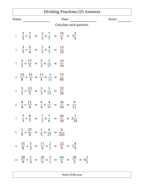 The Dividing Proper, Improper and Mixed Fractions with Some Simplification (D) Math Worksheet Page 2