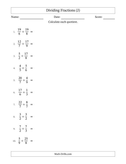 The Dividing Proper, Improper and Mixed Fractions with Some Simplification (J) Math Worksheet