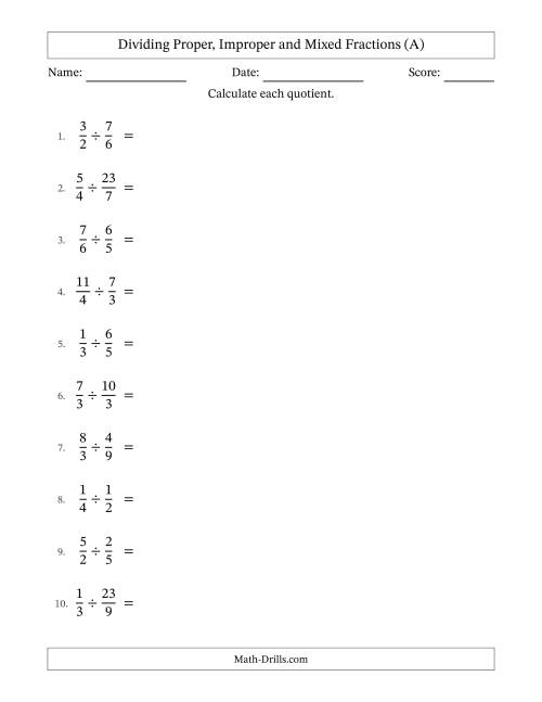 The Dividing Proper, Improper and Mixed Fractions with Some Simplifying (All) Math Worksheet