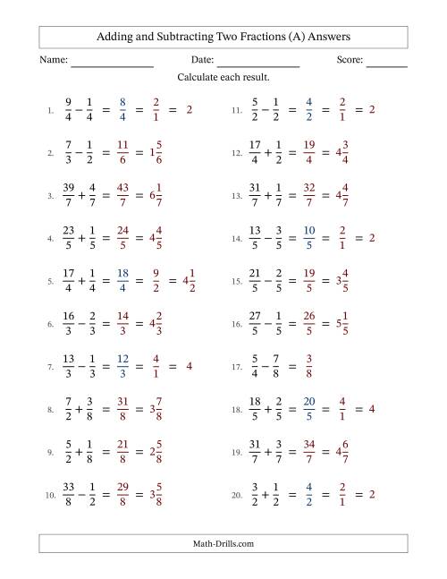 The Adding and Subtracting Proper and Improper Fractions with Equal Denominators, Mixed Fractions Results and Some Simplifying (A) Math Worksheet Page 2