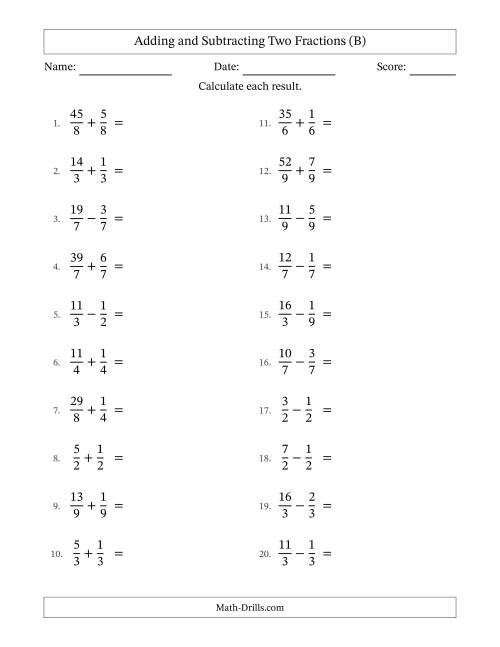 The Adding and Subtracting Proper and Improper Fractions with Equal Denominators, Mixed Fractions Results and Some Simplifying (B) Math Worksheet