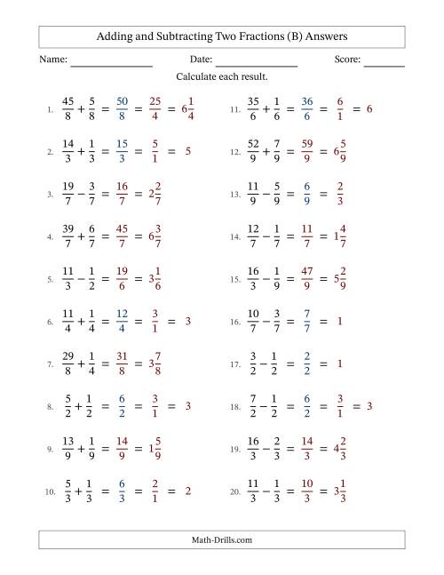 The Adding and Subtracting Proper and Improper Fractions with Equal Denominators, Mixed Fractions Results and Some Simplifying (B) Math Worksheet Page 2
