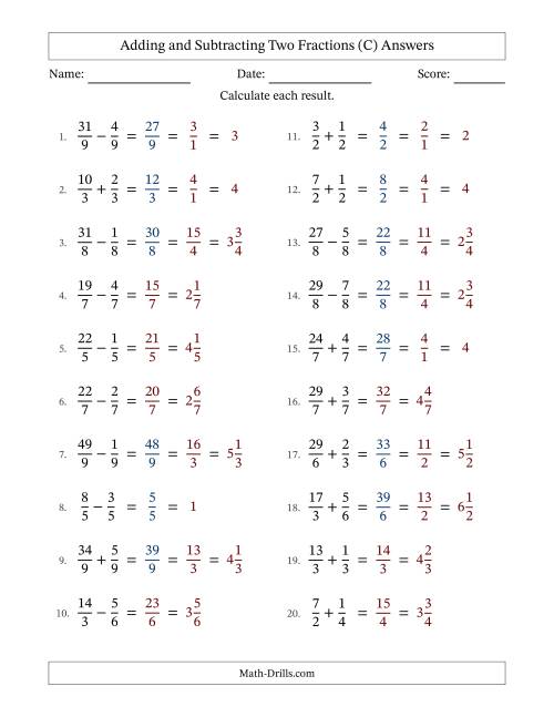 The Adding and Subtracting Proper and Improper Fractions with Equal Denominators, Mixed Fractions Results and Some Simplifying (C) Math Worksheet Page 2