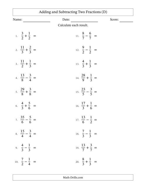 The Adding and Subtracting Proper and Improper Fractions with Equal Denominators, Mixed Fractions Results and Some Simplifying (D) Math Worksheet