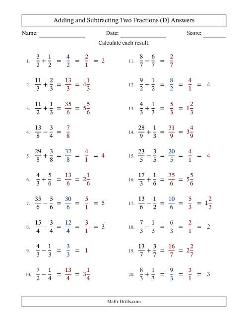 The Adding and Subtracting Proper and Improper Fractions with Equal Denominators, Mixed Fractions Results and Some Simplifying (D) Math Worksheet Page 2