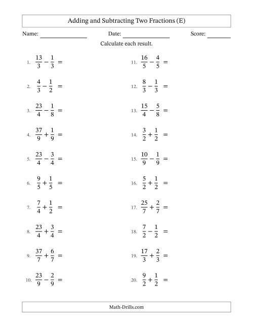 The Adding and Subtracting Proper and Improper Fractions with Equal Denominators, Mixed Fractions Results and Some Simplifying (E) Math Worksheet