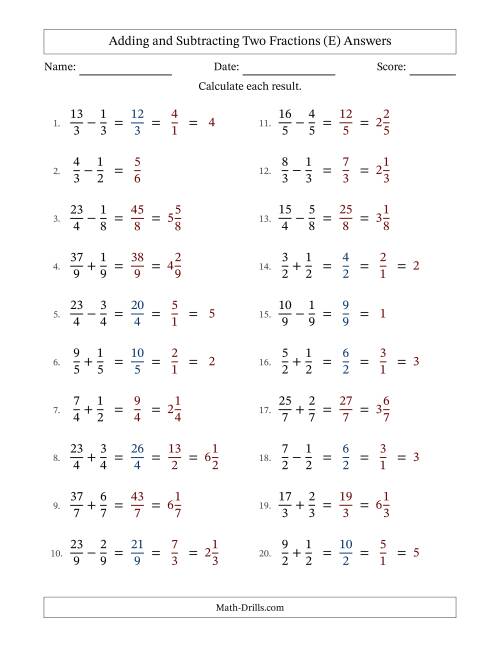 The Adding and Subtracting Proper and Improper Fractions with Equal Denominators, Mixed Fractions Results and Some Simplifying (E) Math Worksheet Page 2