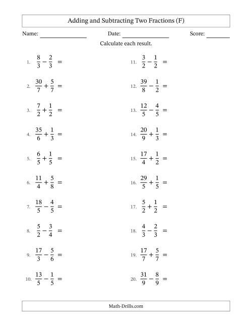 The Adding and Subtracting Proper and Improper Fractions with Equal Denominators, Mixed Fractions Results and Some Simplifying (F) Math Worksheet