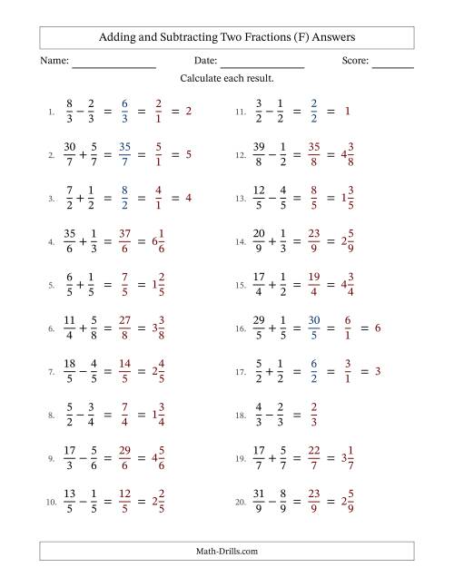 The Adding and Subtracting Proper and Improper Fractions with Equal Denominators, Mixed Fractions Results and Some Simplifying (F) Math Worksheet Page 2