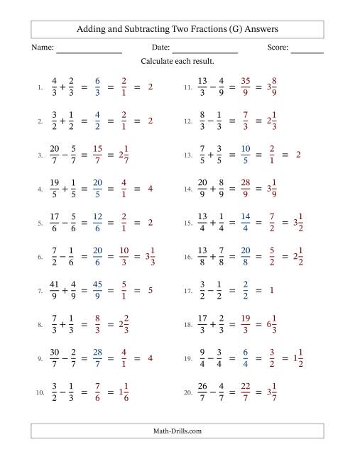 The Adding and Subtracting Proper and Improper Fractions with Equal Denominators, Mixed Fractions Results and Some Simplifying (G) Math Worksheet Page 2