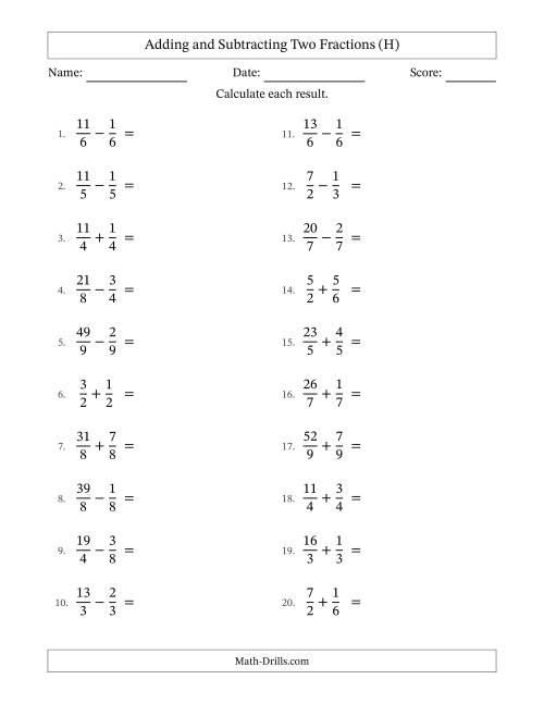 The Adding and Subtracting Proper and Improper Fractions with Equal Denominators, Mixed Fractions Results and Some Simplifying (H) Math Worksheet