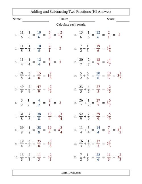 The Adding and Subtracting Proper and Improper Fractions with Equal Denominators, Mixed Fractions Results and Some Simplifying (H) Math Worksheet Page 2