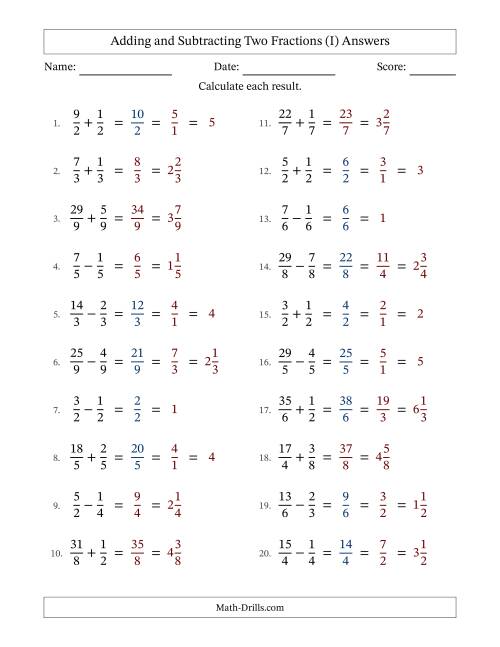 The Adding and Subtracting Proper and Improper Fractions with Equal Denominators, Mixed Fractions Results and Some Simplifying (I) Math Worksheet Page 2