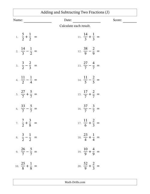 The Adding and Subtracting Proper and Improper Fractions with Equal Denominators, Mixed Fractions Results and Some Simplifying (J) Math Worksheet