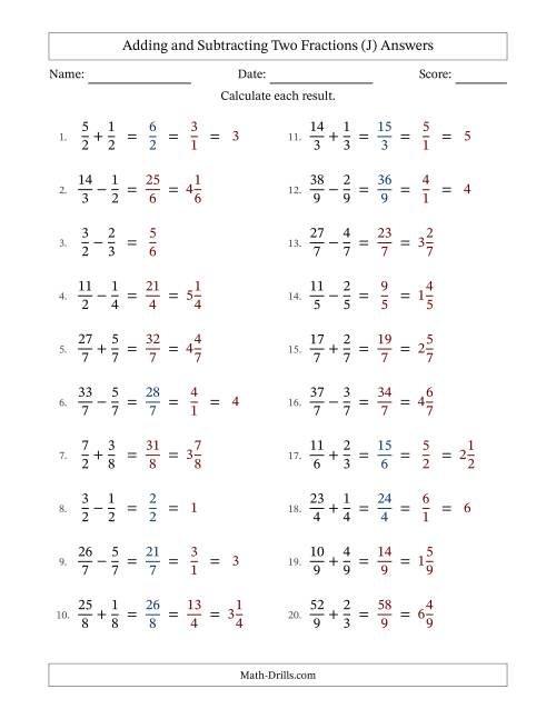 The Adding and Subtracting Proper and Improper Fractions with Equal Denominators, Mixed Fractions Results and Some Simplifying (J) Math Worksheet Page 2